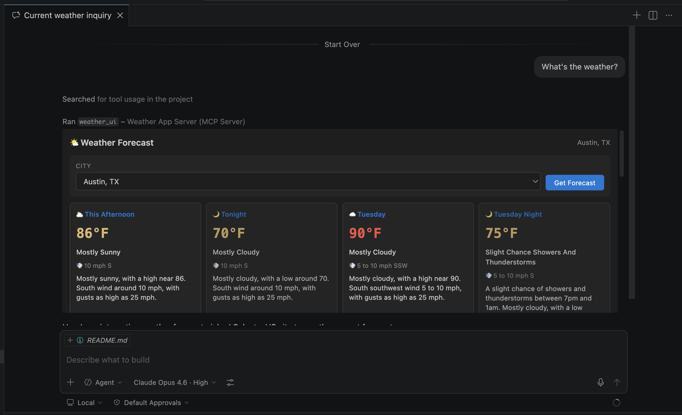 UI of the Weather Forecast MCP App in VS Code